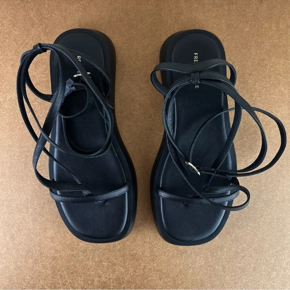 NEW FREE PEOPLE BLACK LEATHER STRAPPY PLATFORM SANDALS - Picture 11 of 13